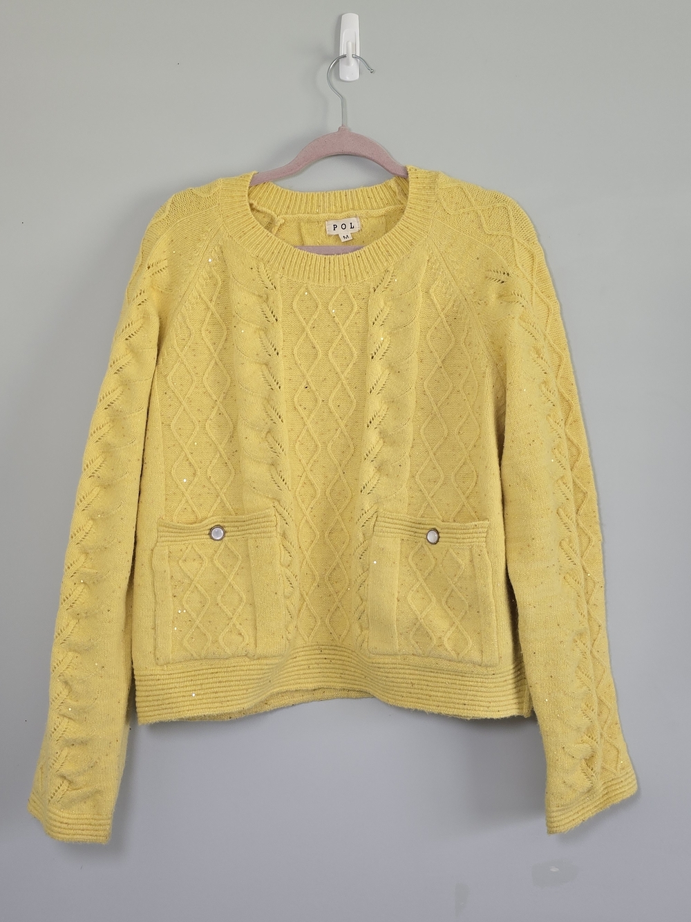 POL Yellow Cable Knit Sweater Pocket Pullover Cottagecore Boho Cozy Knit Top M